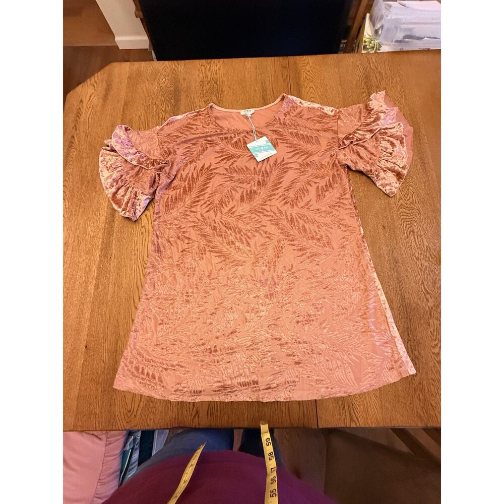 Umgee Pink Velvet Leaf Print Ruffle Sleeve dress Size L